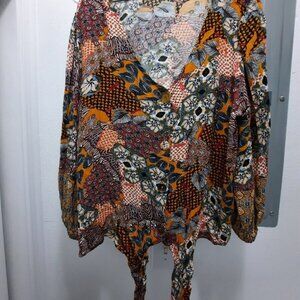 New Directions Boho Patchwork Tie Front Blouse Women’s Flowy Top
